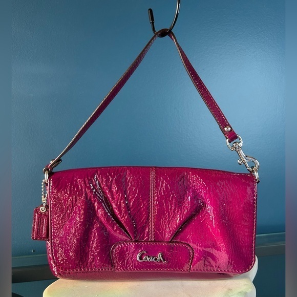 Coach Handbags - Coach Ashley Magenta Crinkle Patent Leather Mini Purse Wristlet Clutch